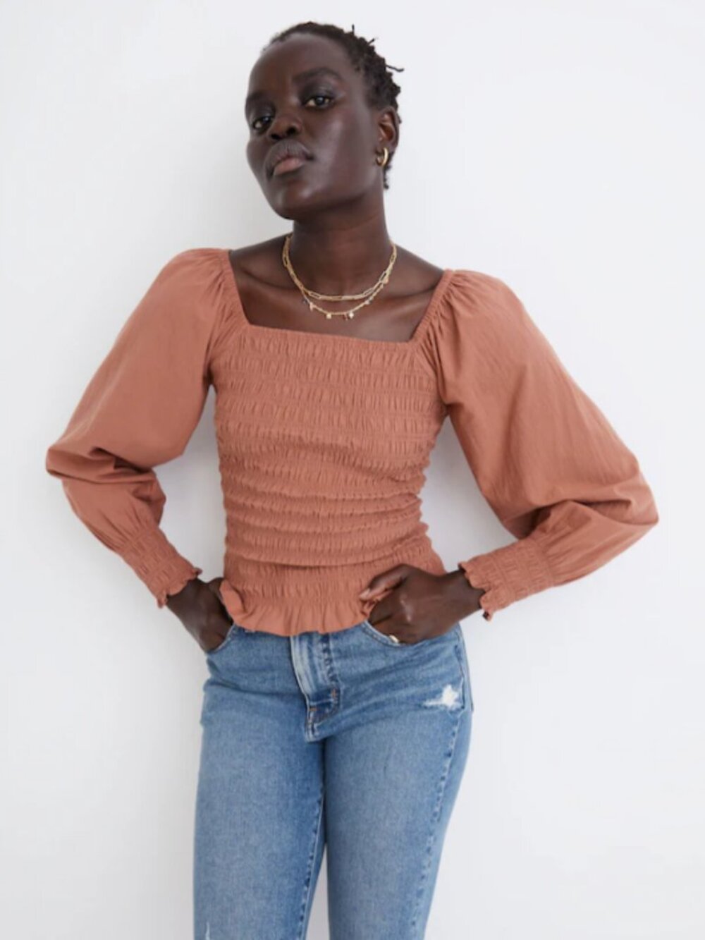 Madewell Lucie Bubble-Sleeve Smocked Top | Size XS | Terracotta